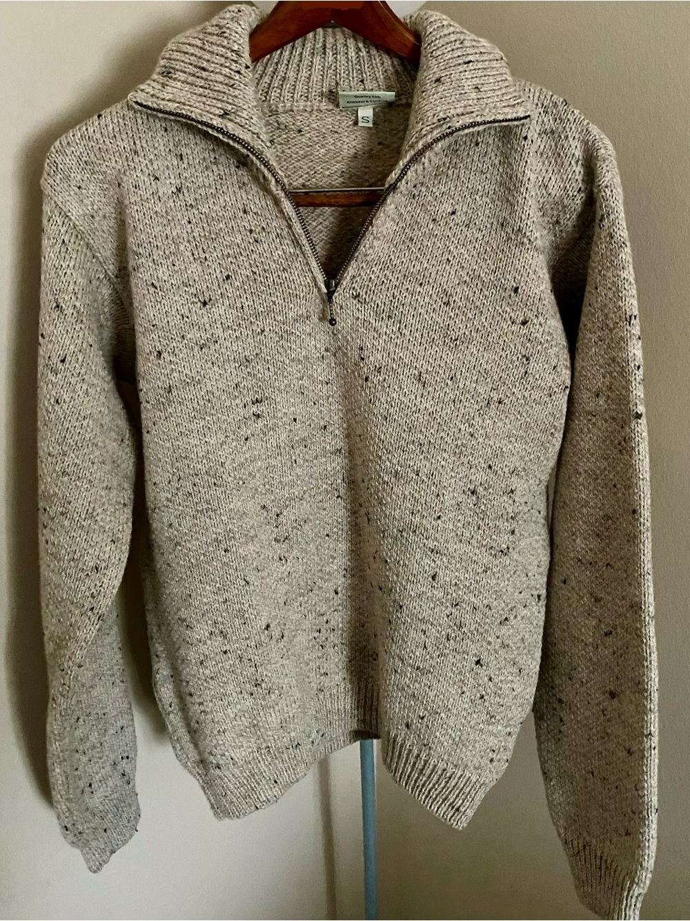 Boyne Valley Knitwear Mens Wool 1/4 Zip Sweater Size S Oatmeal Fleck Ireland